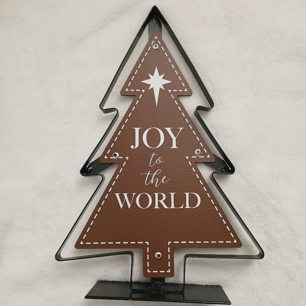Holiday Time Black Metal Christmas Tree Sign Decoration Brown Faux Leather